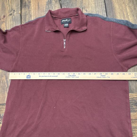 Men’s Large Eddie Bauer Maroon 1/4 Zip Pullover Sweater, Grey Accents, Cotton - Picture 3 of 5